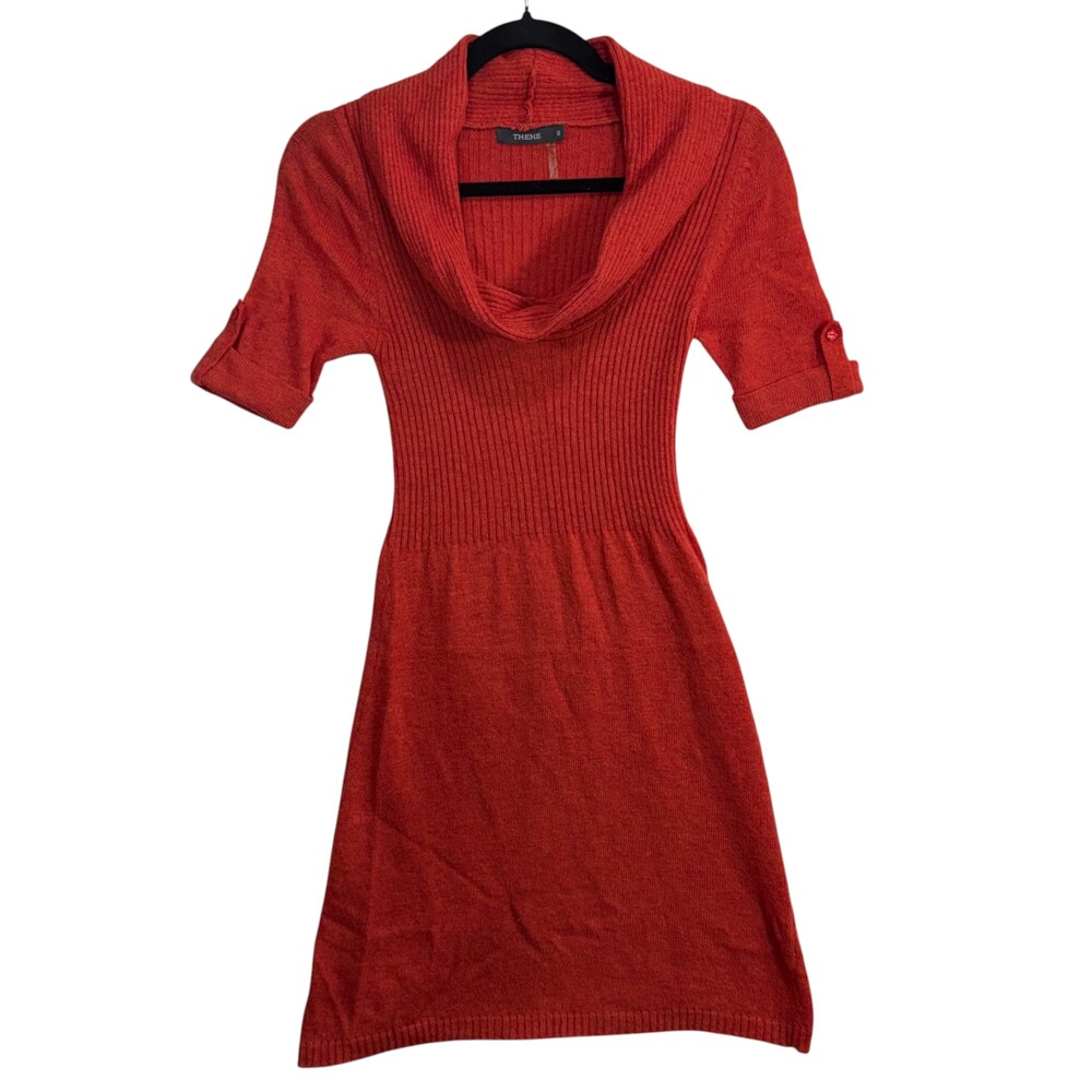 Theme S Ribbed Knit Wool Sweater Red Dress Cowl Neck Stretchy Office Valentines